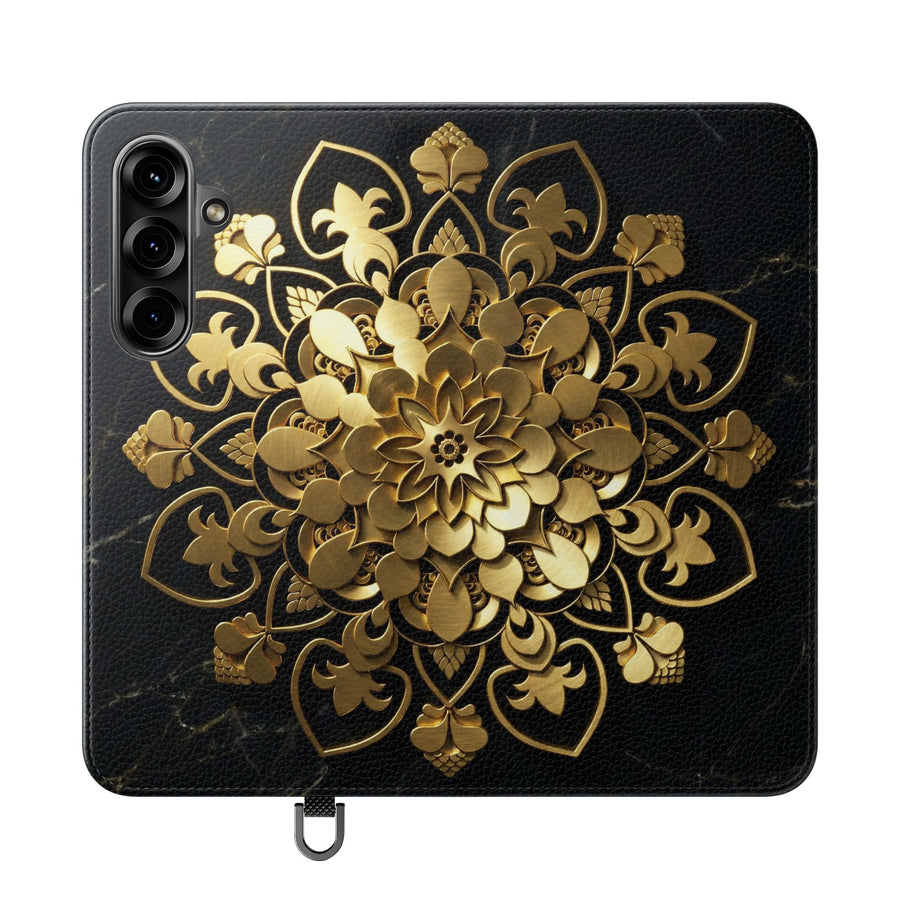 Goldene Mandala-Klapphülle – Luxuriöses Blumen-Portemonnaie-Cover