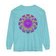 Vibrant purple and green mandala long sleeve t-shirt with intricate design