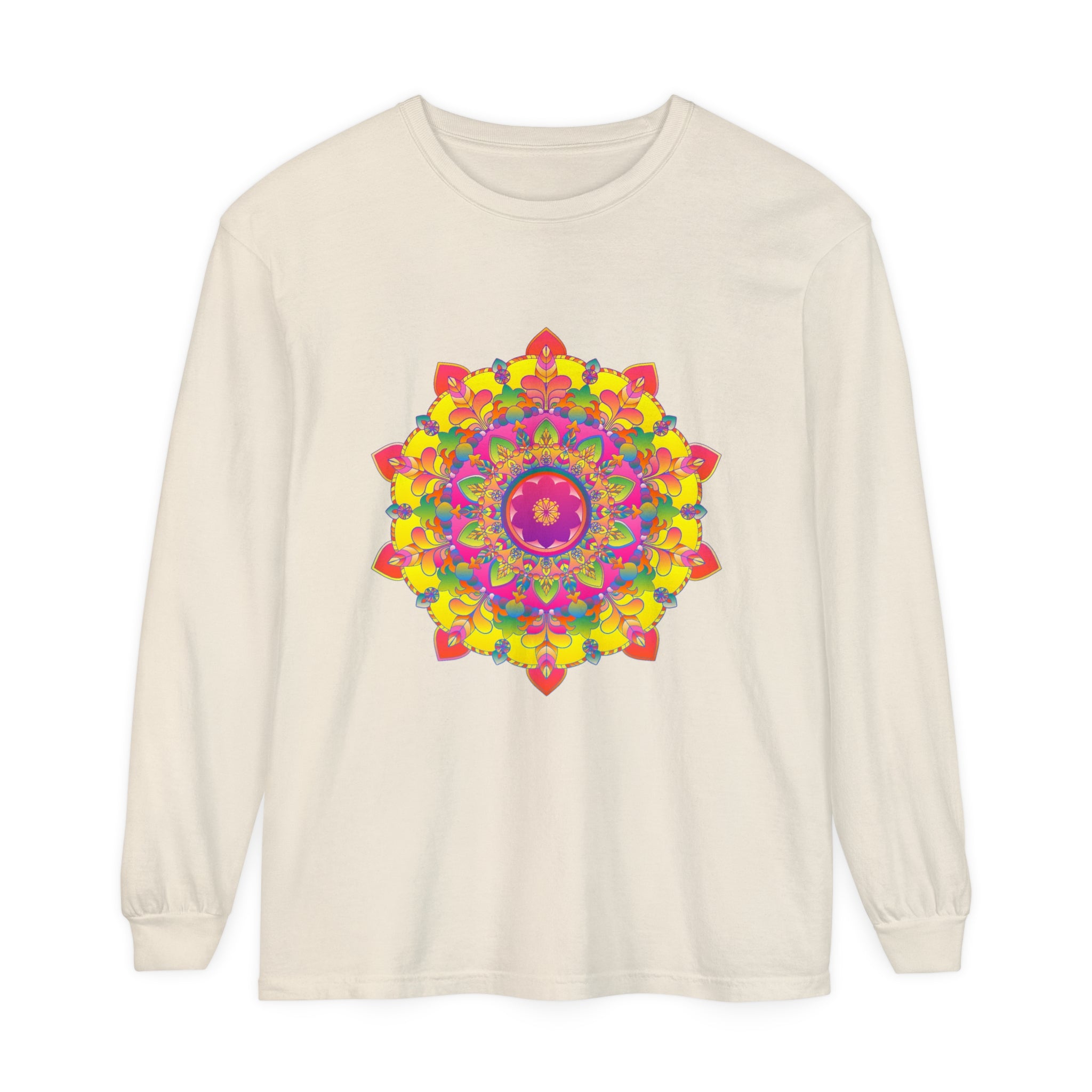 Vibrant Mandala Long Sleeve T-Shirt featuring colorful and intricate mandala design