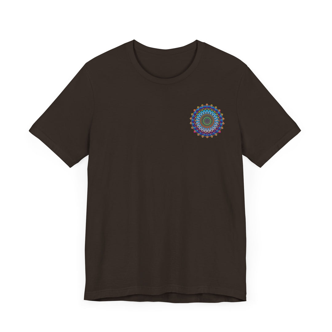 A colorful, intricately designed mandala tee showcasing spiritual peace and harmony