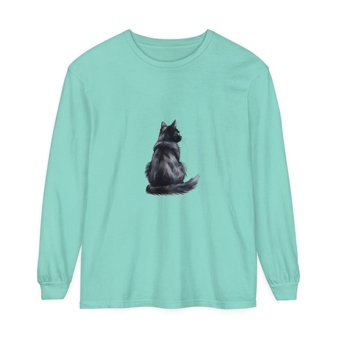 Black Cat Watercolor Long Sleeve T-Shirt featuring a colorful watercolor painting of a cute black cat on a comfortable long sleeve shirt