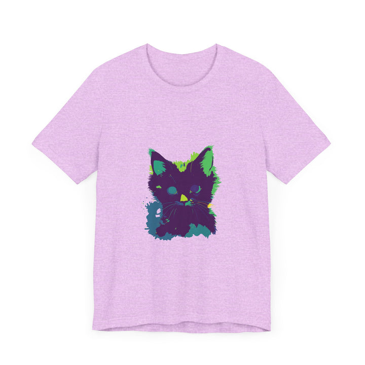 A close-up image of a black t-shirt with a neon-colored mysterious cat design