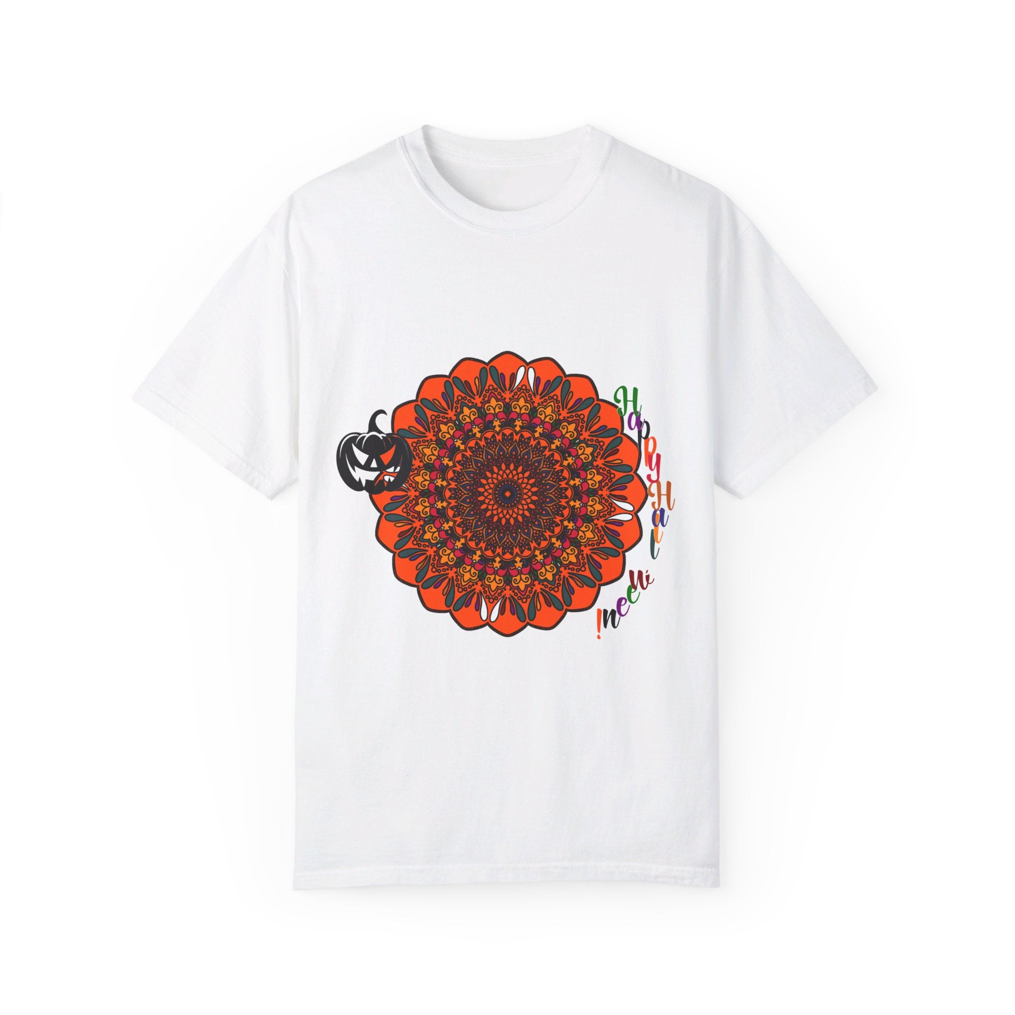 An orange unisex t-shirt featuring a hand-drawn pumpkin mandala design