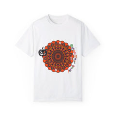 An orange unisex t-shirt featuring a hand-drawn pumpkin mandala design
