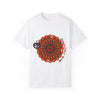 An orange unisex t-shirt featuring a hand-drawn pumpkin mandala design