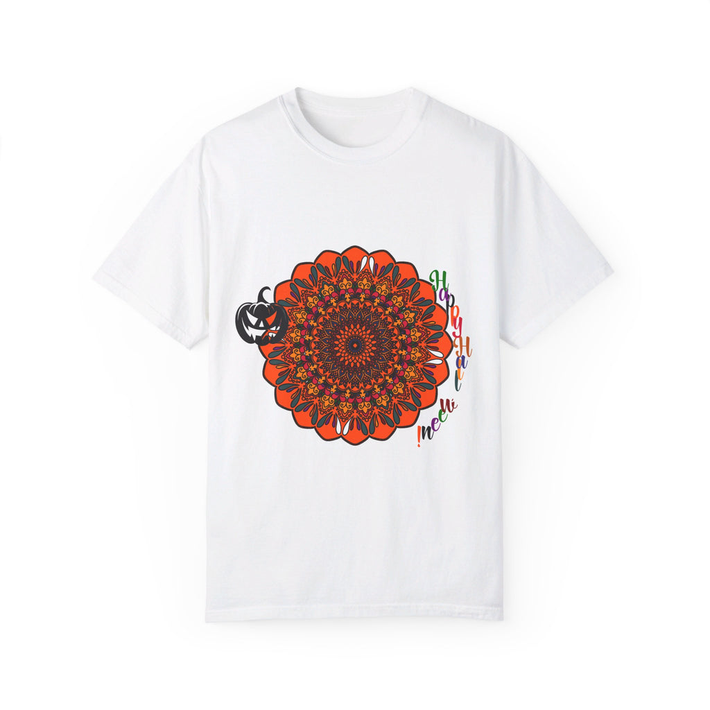 An orange unisex t-shirt featuring a hand-drawn pumpkin mandala design