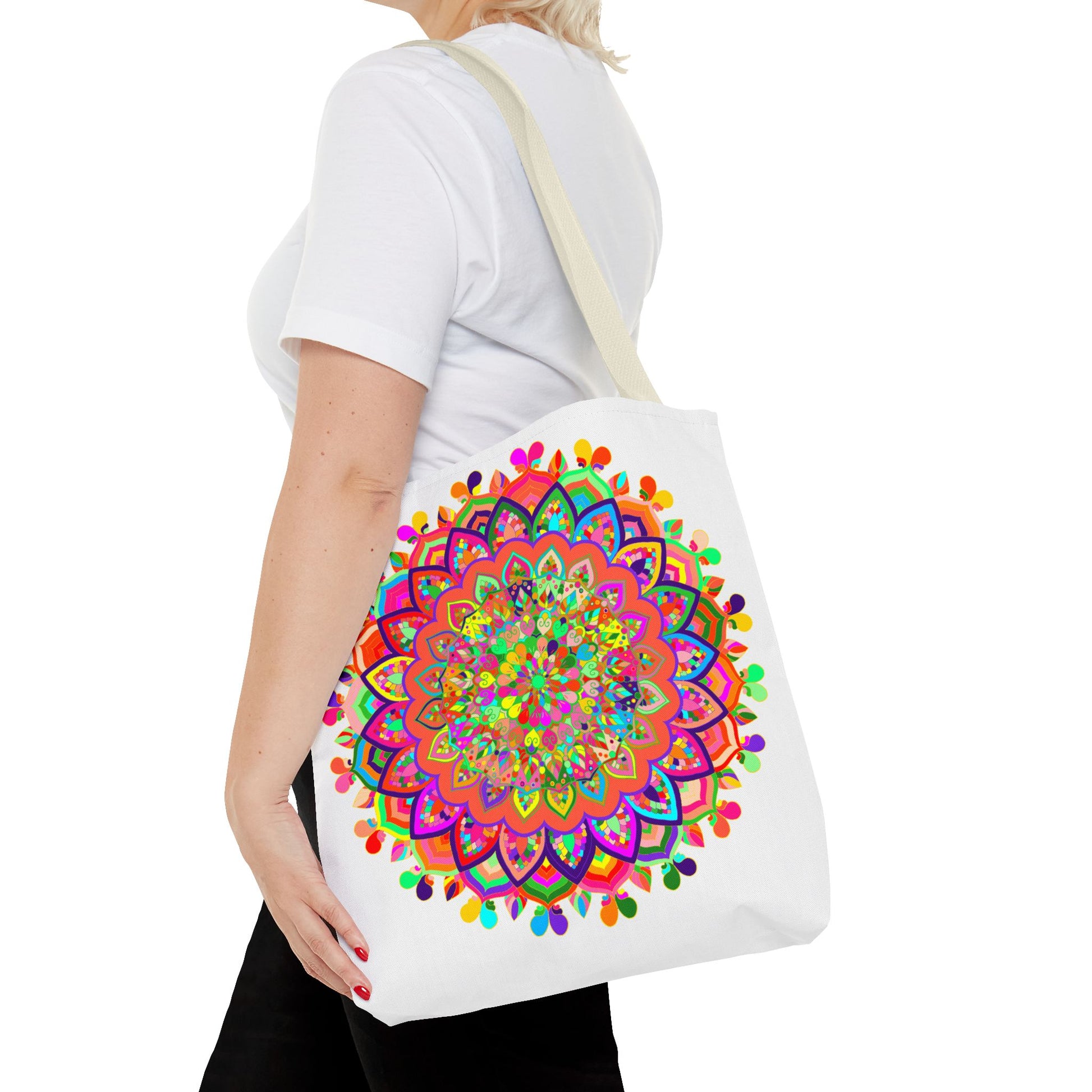 Colorful mandala art tote bag with vibrant and intricate design, perfect for carrying essentials in style