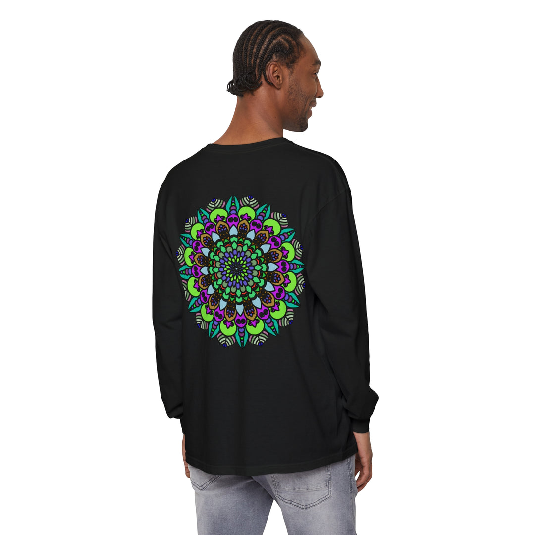 Colorful and intricate Psychedelic Mandala design on unisex long sleeve t-shirt