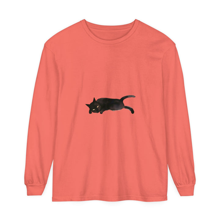 Comfortable unisex long sleeve t-shirt featuring a sleeping black cat