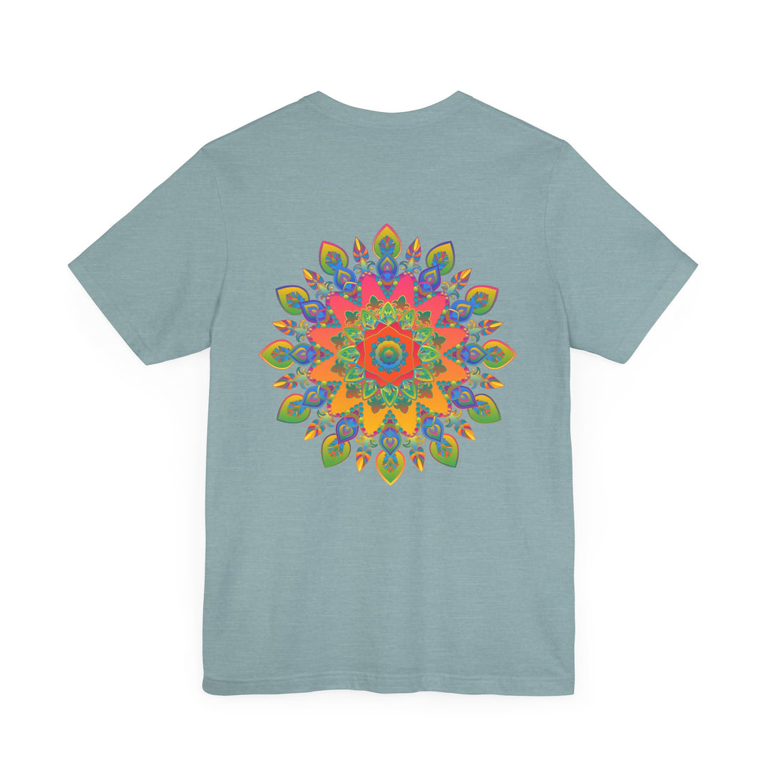 A colorful, intricate mandala design T-shirt promoting spiritual peace and harmony