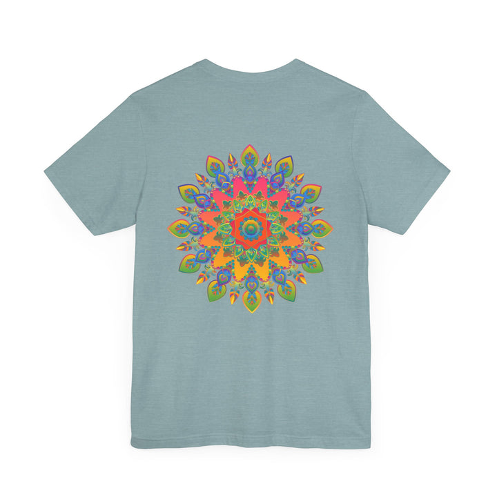 A colorful, intricate mandala design T-shirt promoting spiritual peace and harmony