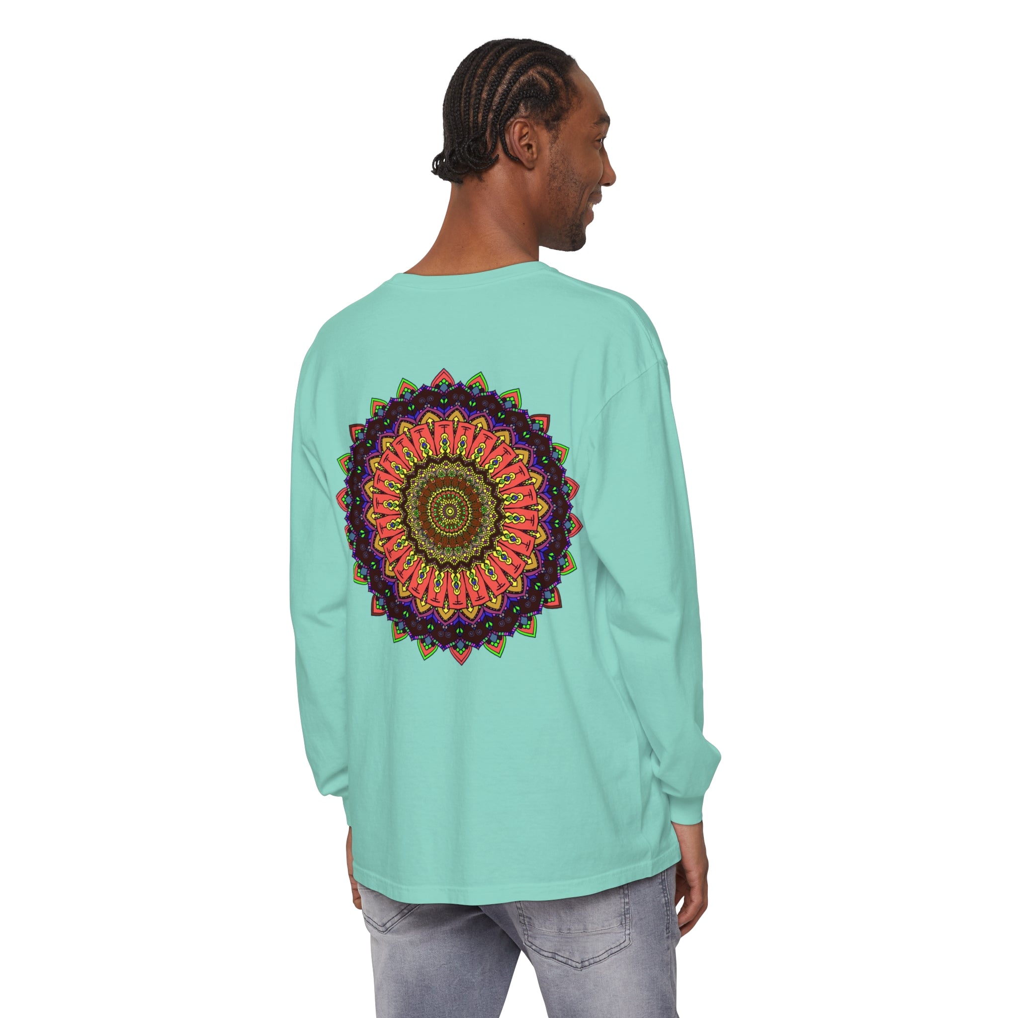 A vibrant and detailed mandala design adorns this long sleeve t-shirt