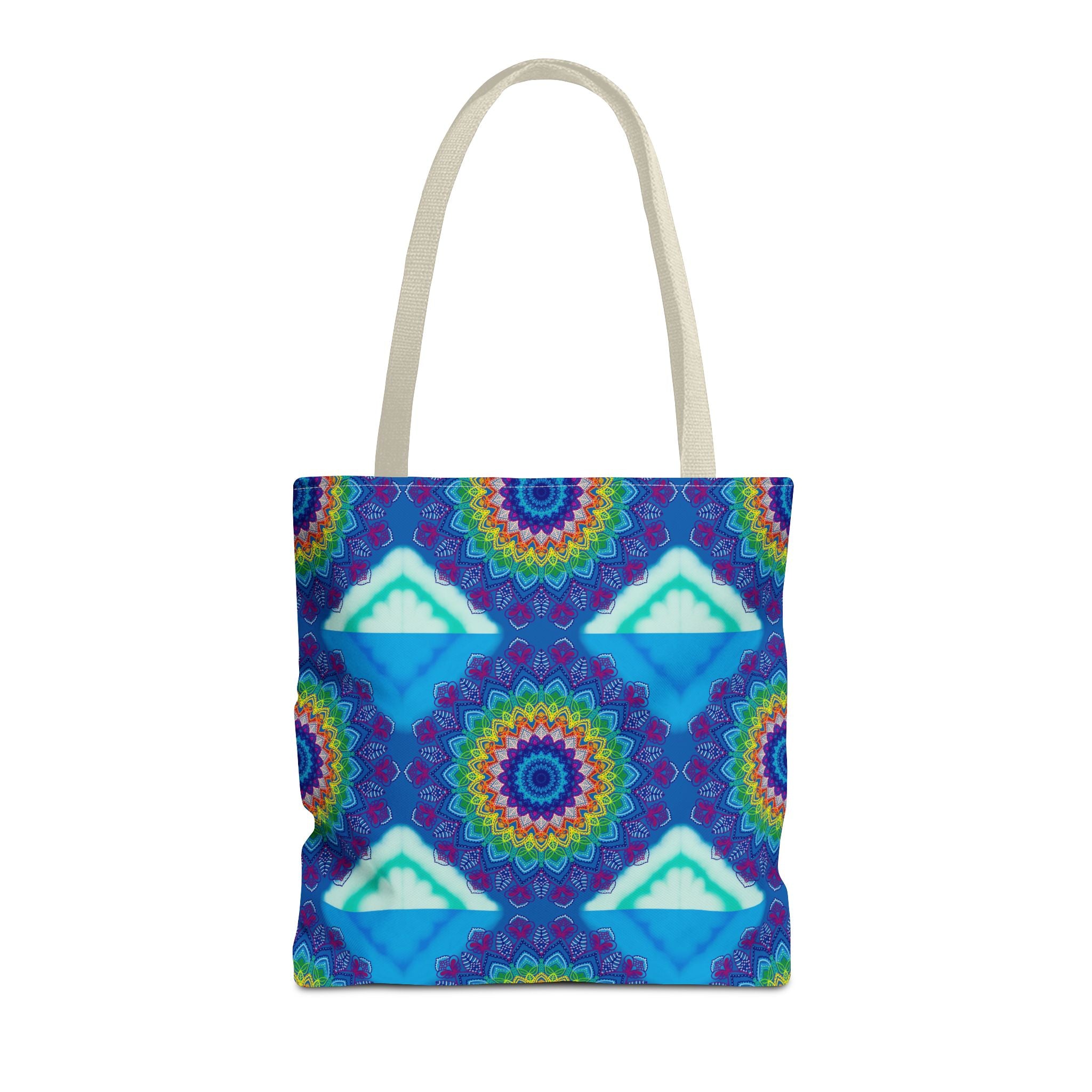 Vibrant and intricate mandala design tote bag in various colors