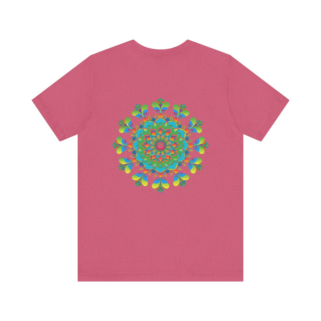 Colorful and intricate psychedelic mandala design on a t-shirt, emitting spiritual vibes and positive energy, perfect for those seeking a unique and transcendent fashion statement