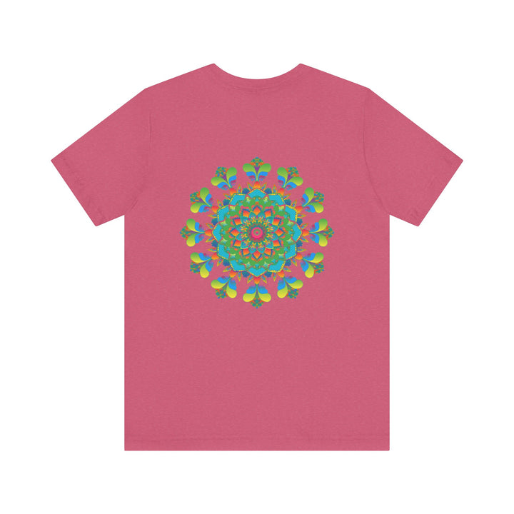 Colorful and intricate psychedelic mandala design on a t-shirt, emitting spiritual vibes and positive energy, perfect for those seeking a unique and transcendent fashion statement