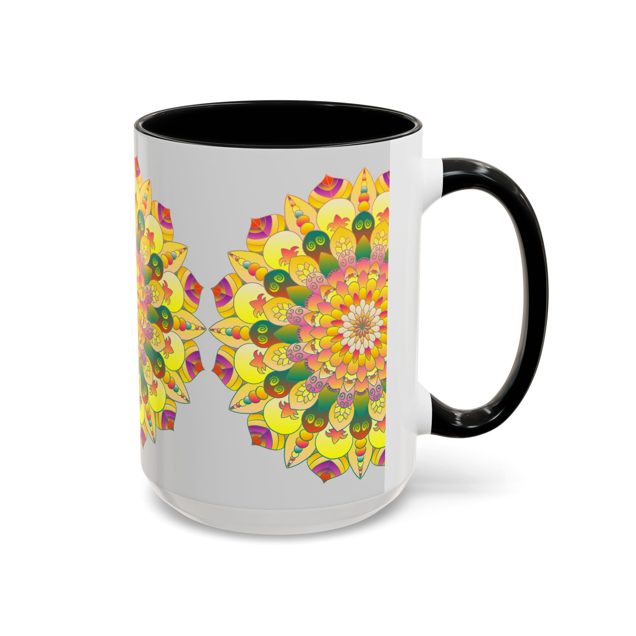 An intricately detailed mandala art mug with a vibrant floral design