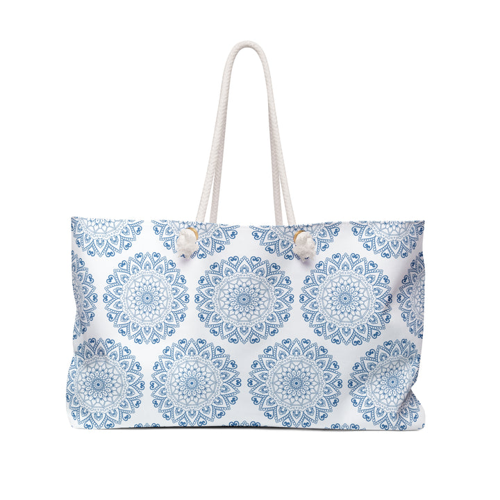 Mandala Design Weekender Bag - Serene Travel Tote in Blue and White