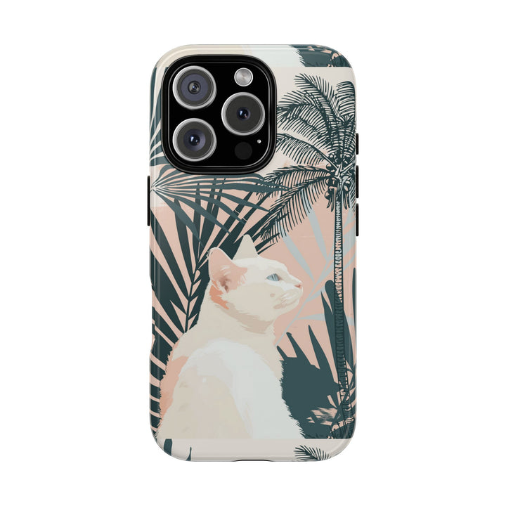 Tropische Katzen-Telefonhülle mit üppigen Palmenmotiven und sanften Pastelltönen