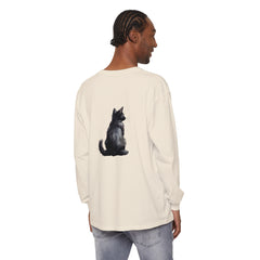Black Cat Mystery - Unisex Long Sleeve Tee in Black, featuring a mysterious black cat design on the front, perfect for both men and women
