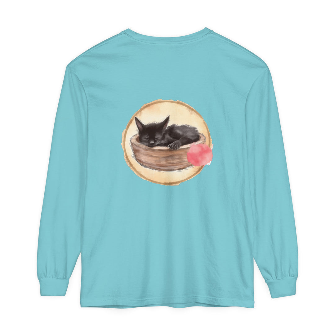 Watercolor illustration of a cute sleeping cat in a bowl, printed on a long sleeve t-shirt