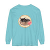 Watercolor illustration of a cute sleeping cat in a bowl, printed on a long sleeve t-shirt