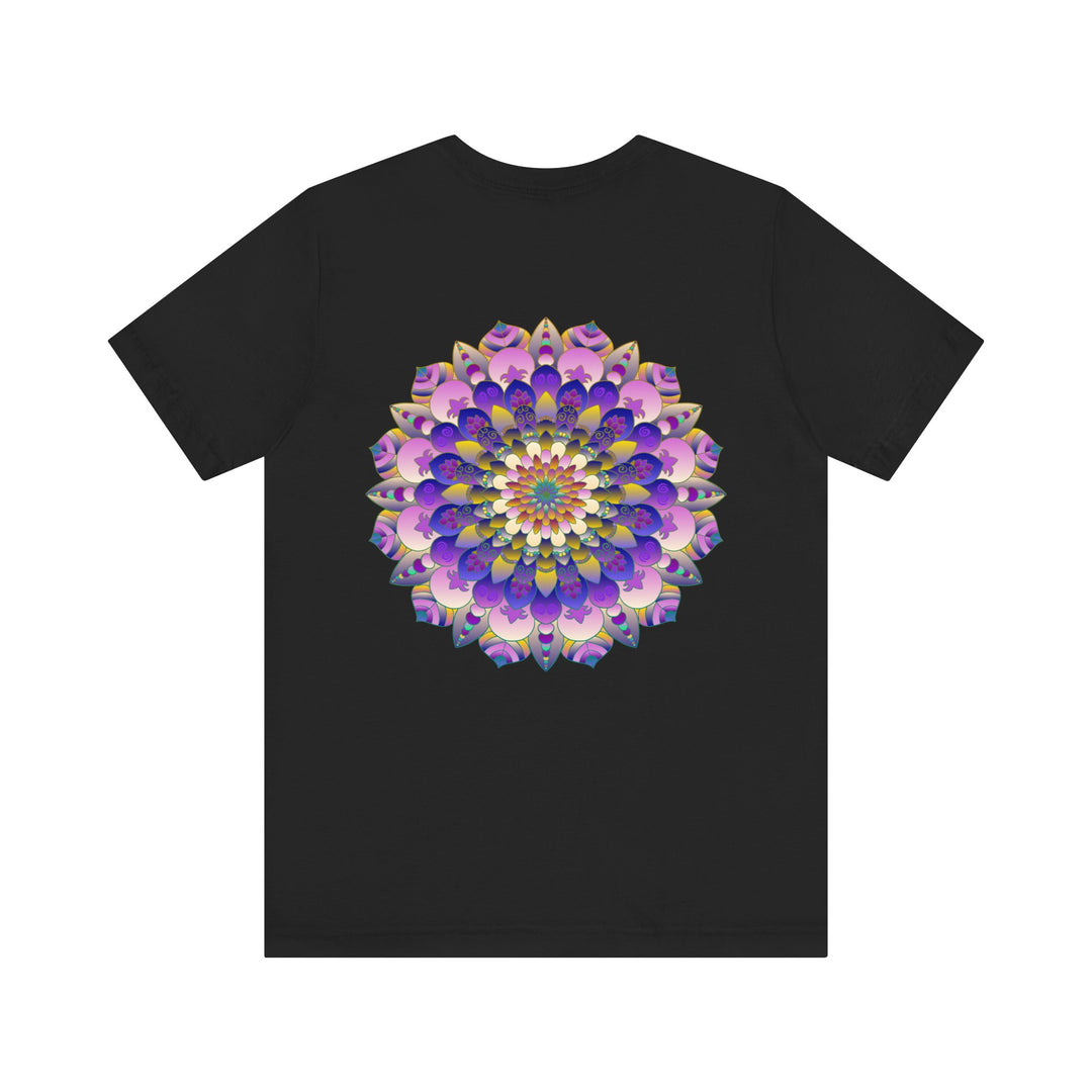 A close-up of a white t-shirt with a colorful mandala design, symbolizing spiritual peace and harmony