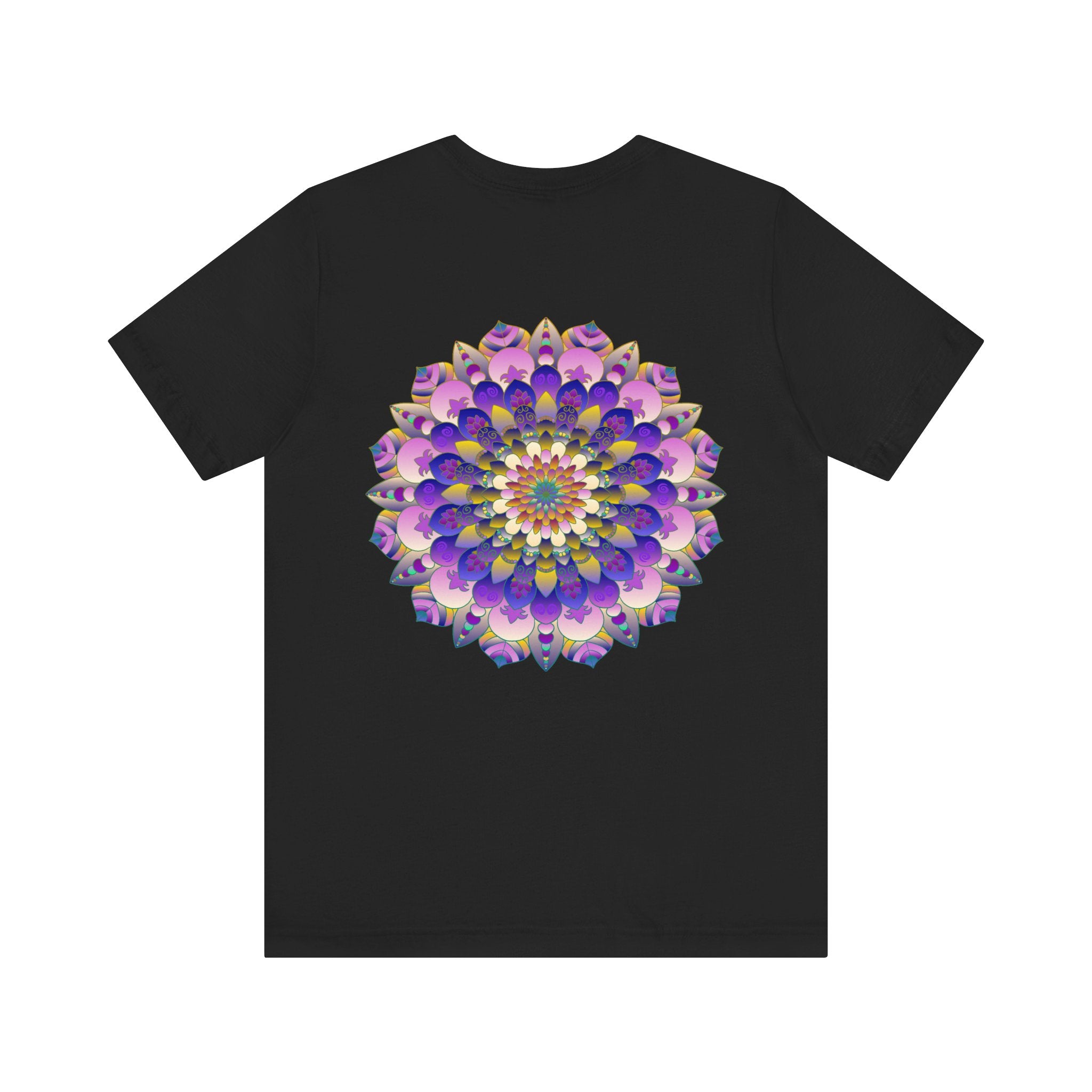 A close-up of a white t-shirt with a colorful mandala design, symbolizing spiritual peace and harmony