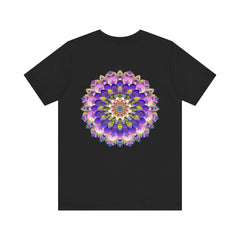 A close-up of a white t-shirt with a colorful mandala design, symbolizing spiritual peace and harmony