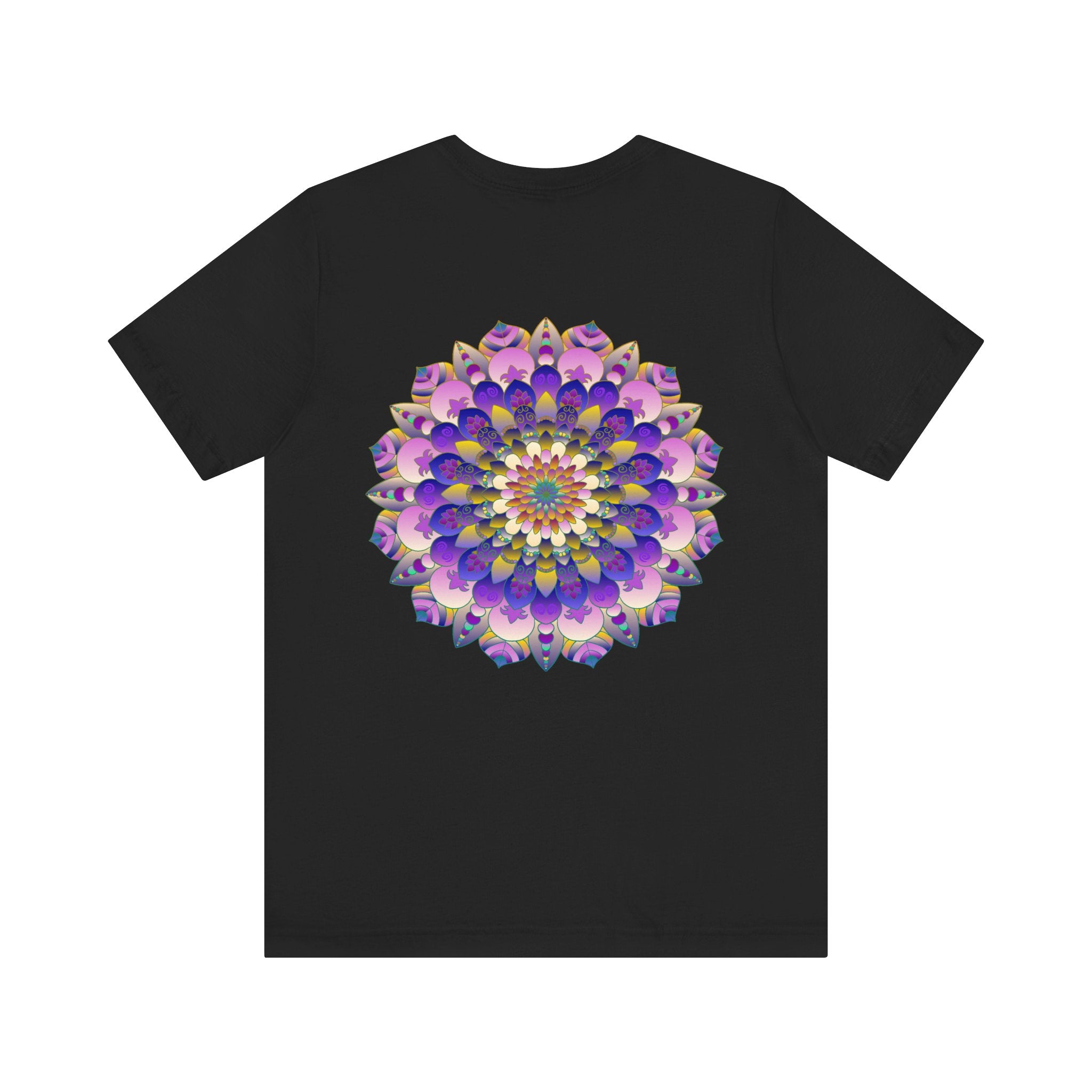A close-up of a white t-shirt with a colorful mandala design, symbolizing spiritual peace and harmony