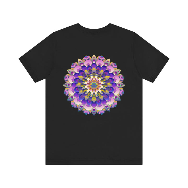 A close-up of a white t-shirt with a colorful mandala design, symbolizing spiritual peace and harmony