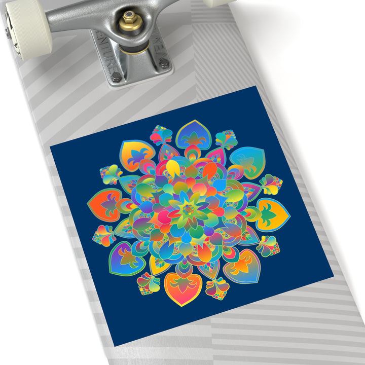 Hand-Drawn Mandala Laminate Stickers – Gold, Red, and Green on Royal Blue