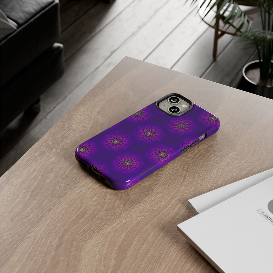 Intricate Purple Floral iPhone Case with Bold Mandala Design