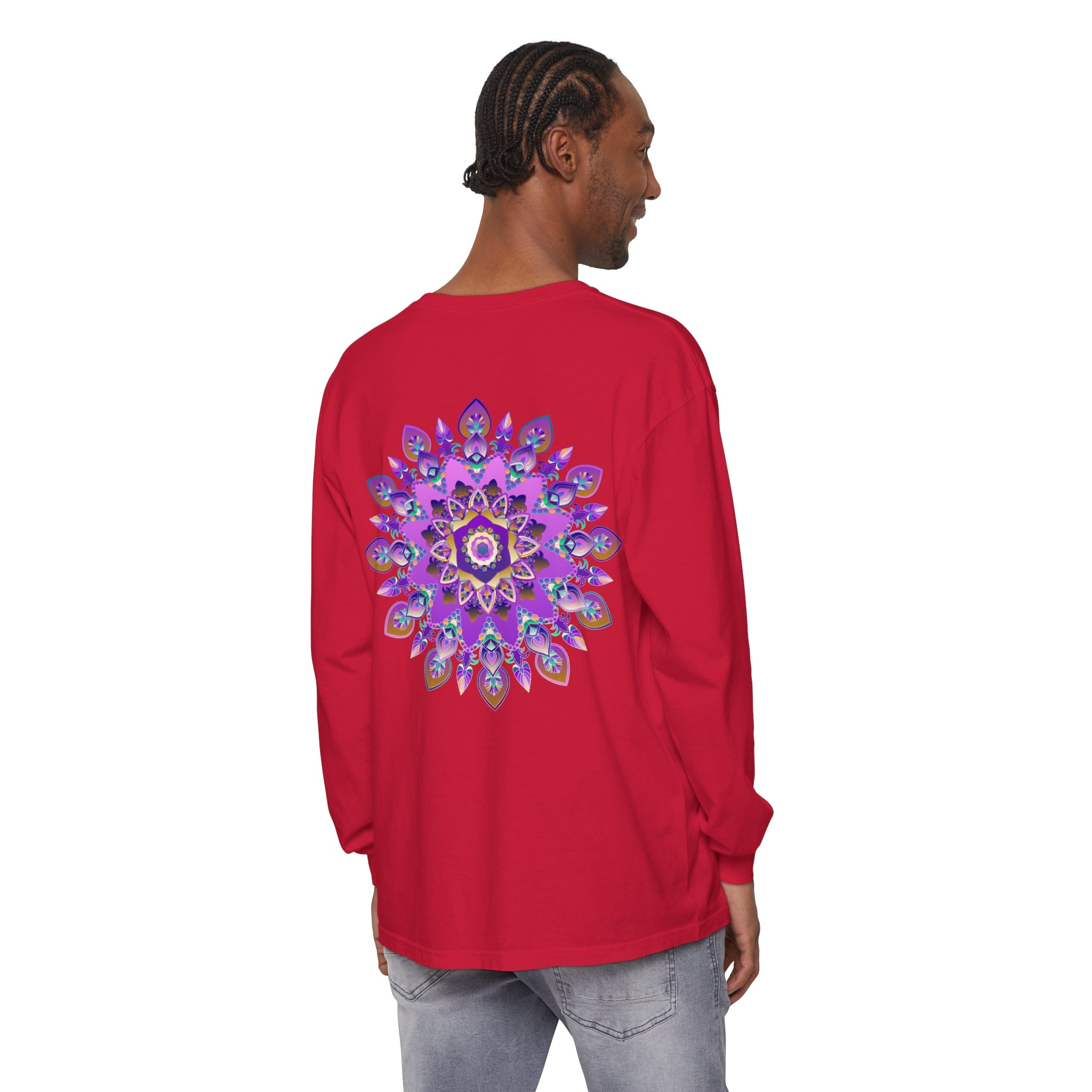 Vibrant purple and gold mandala long sleeve t-shirt with intricate design