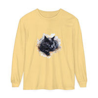 A colorful watercolor illustration of a sleeping black cat on a soft and comfortable T-shirt