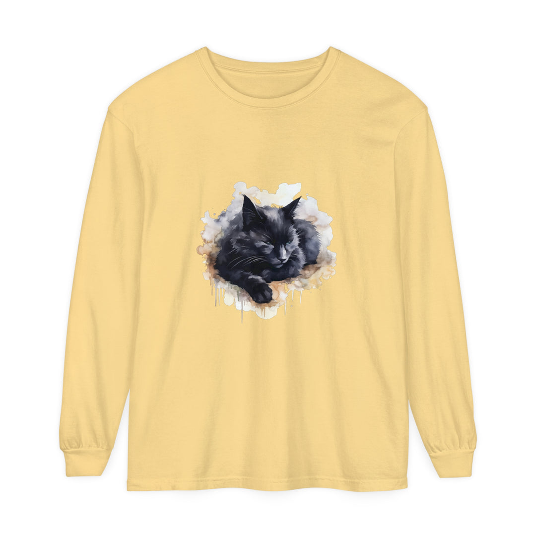 A colorful watercolor illustration of a sleeping black cat on a soft and comfortable T-shirt