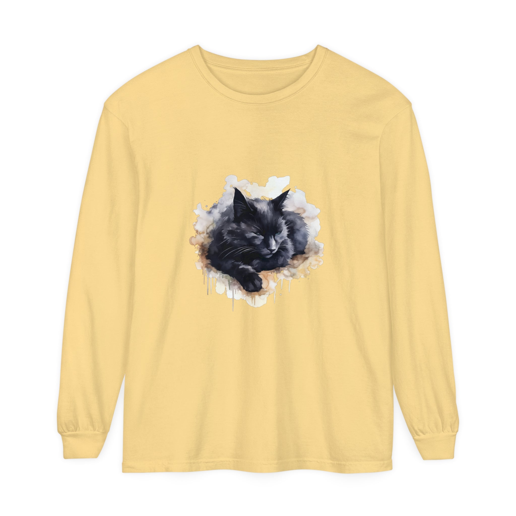 A colorful watercolor illustration of a sleeping black cat on a soft and comfortable T-shirt