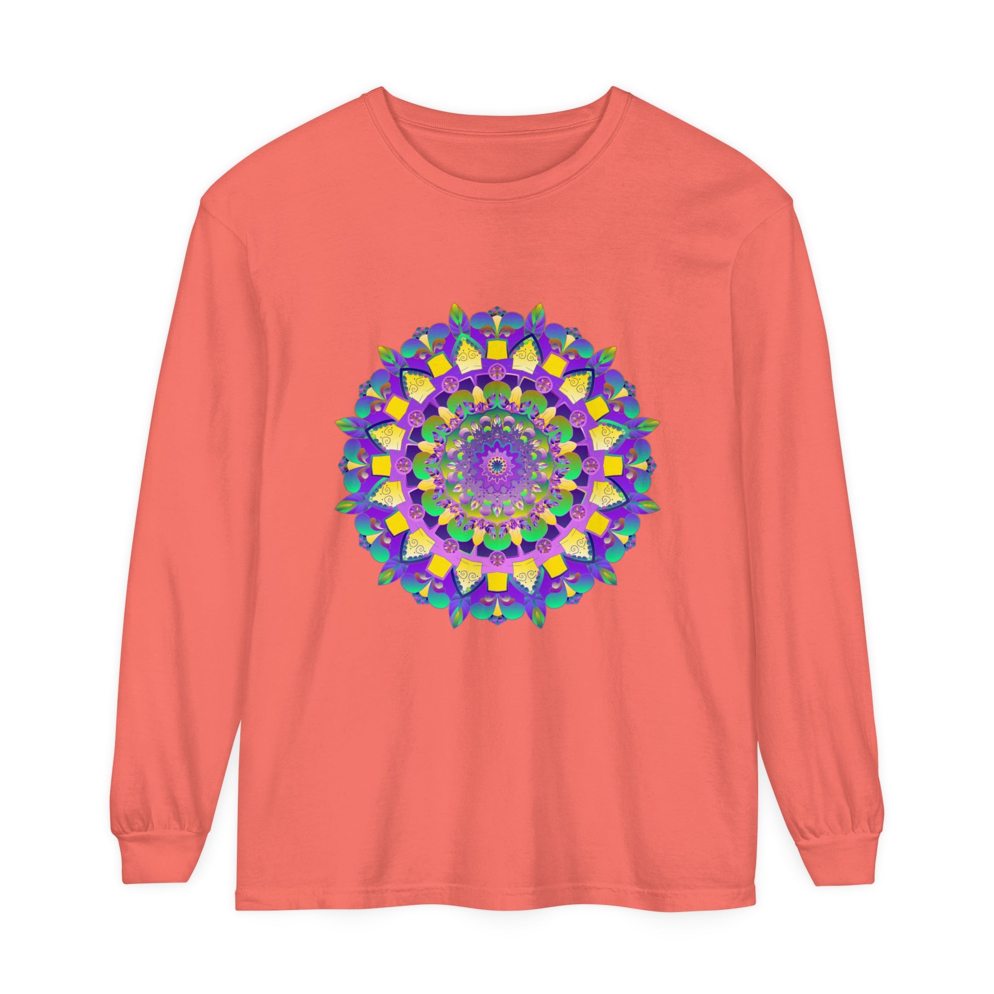 Colorful mandala design adorning a comfortable unisex long sleeve T-shirt