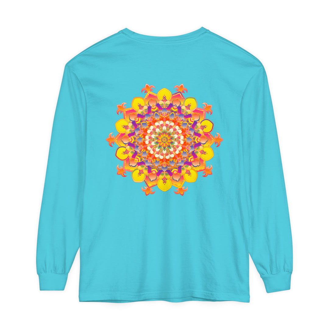 Colorful and intricate mandala design on a unisex long sleeve t-shirt