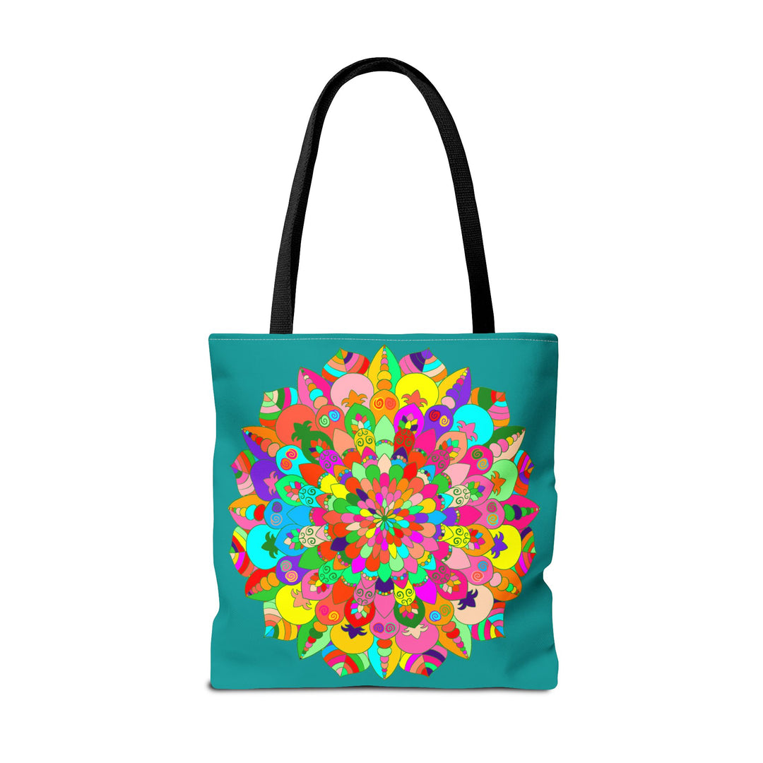 Vibrant and colorful mandala art tote bag in beautiful aquamarine hue