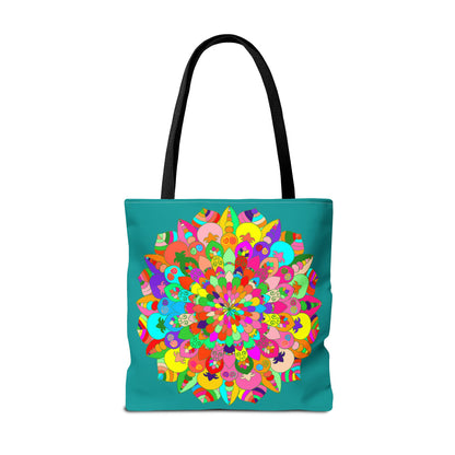 Vibrant and colorful mandala art tote bag in beautiful aquamarine hue