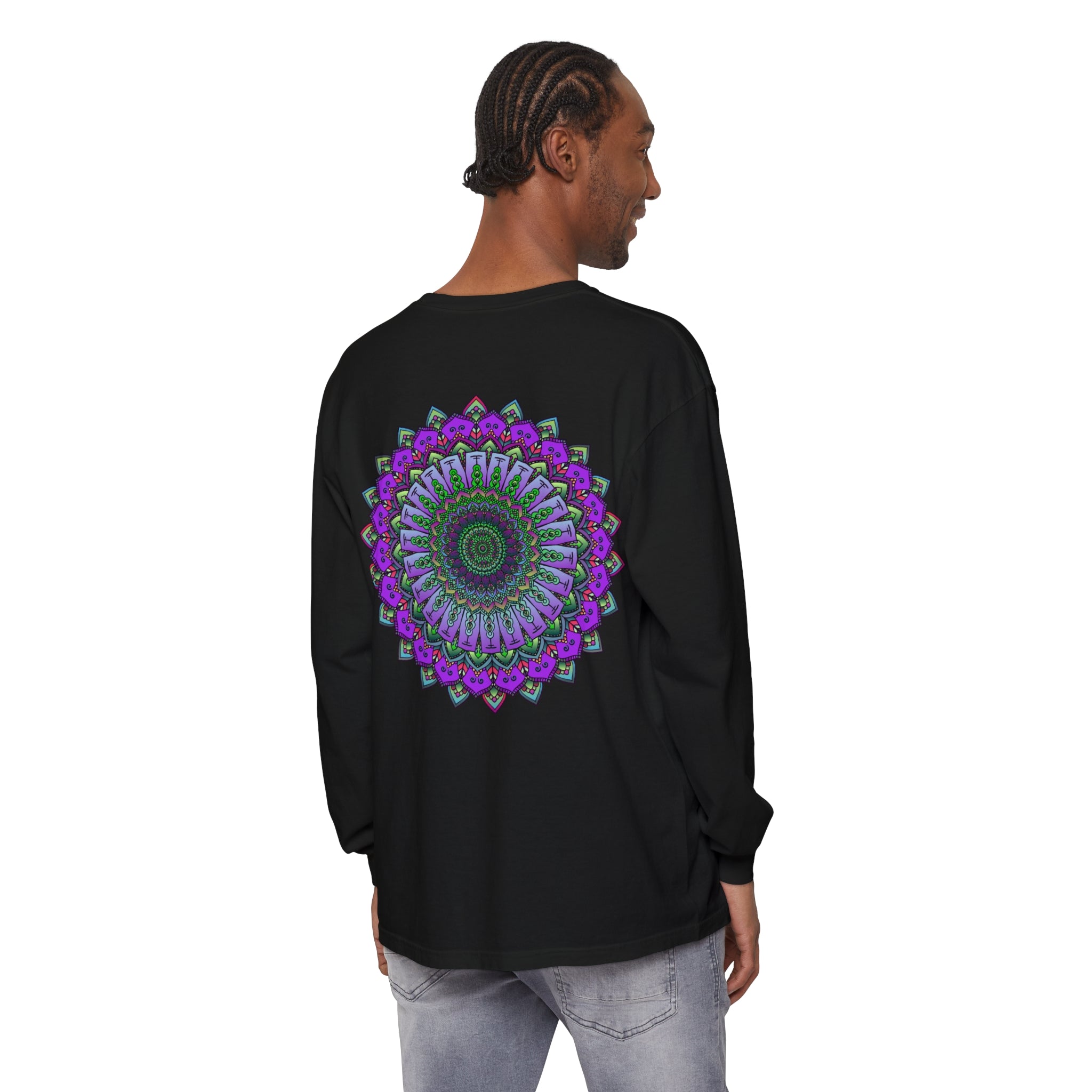 Intricate mandala design featuring vibrant colors on unisex long sleeve t-shirt