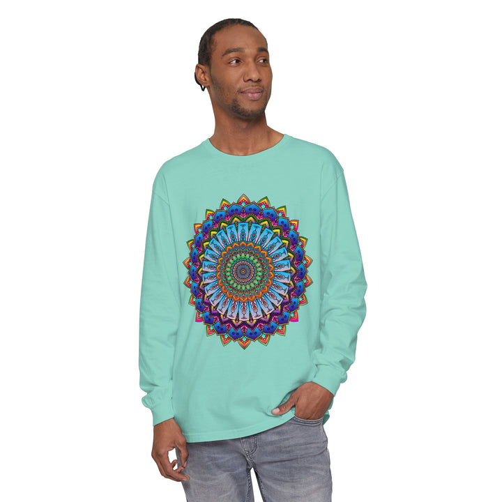 Unisex long sleeve t-shirt with intricate and colorful mandala design