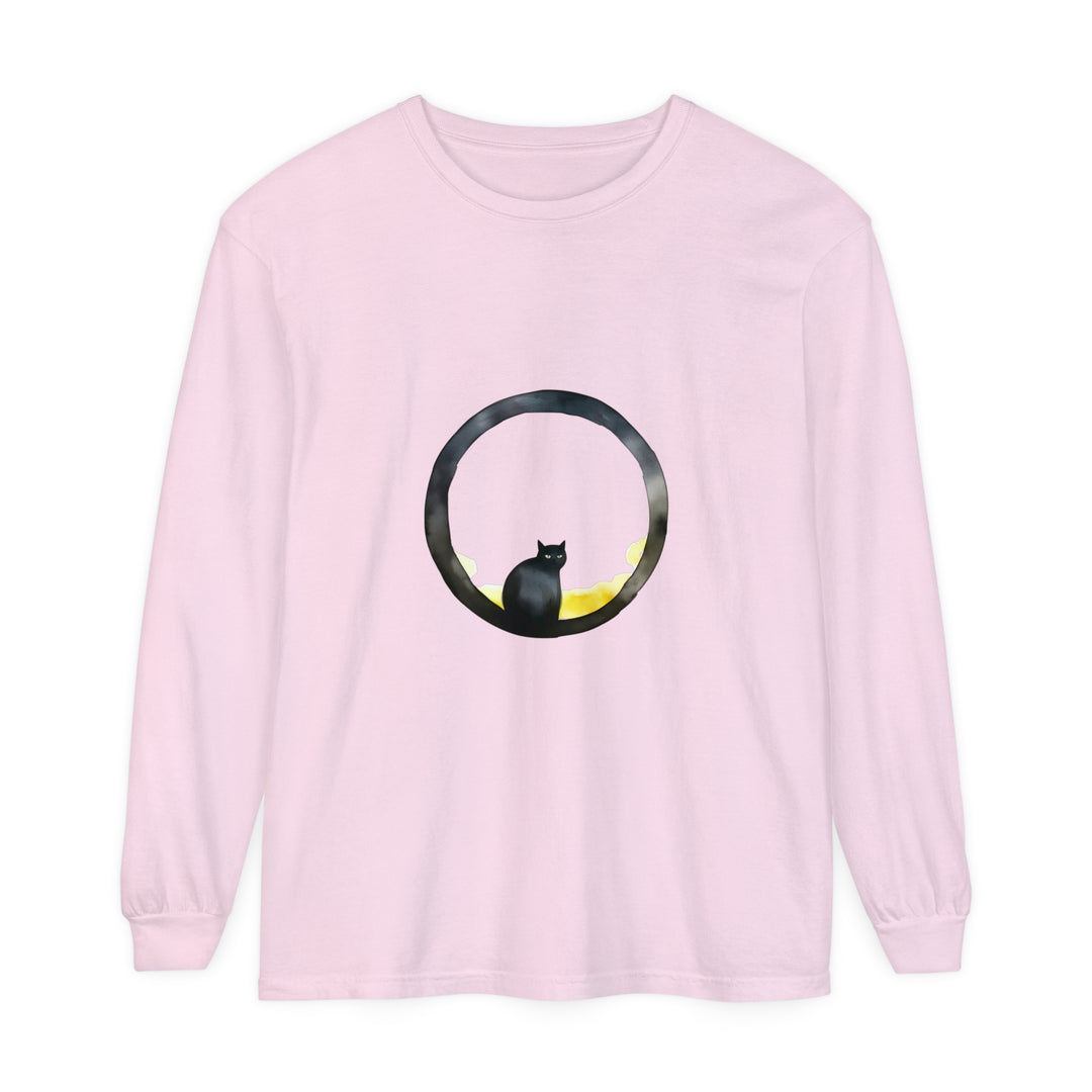 Black Cat Moon Glow Long Sleeve T-Shirt with vibrant moon and cat design