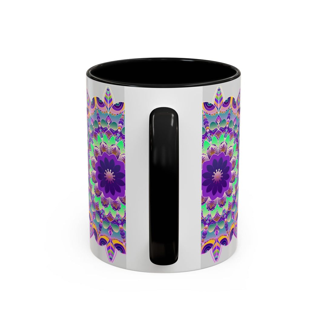 Beautiful light grey mug featuring a vibrant mandala art design