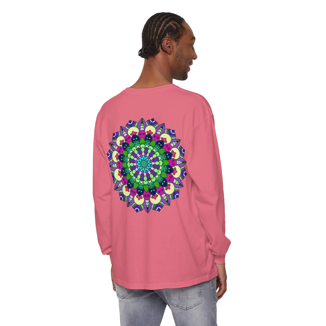 Vibrant Mandala Long Sleeve T-Shirt - Unisex, featuring intricate, colorful mandala design