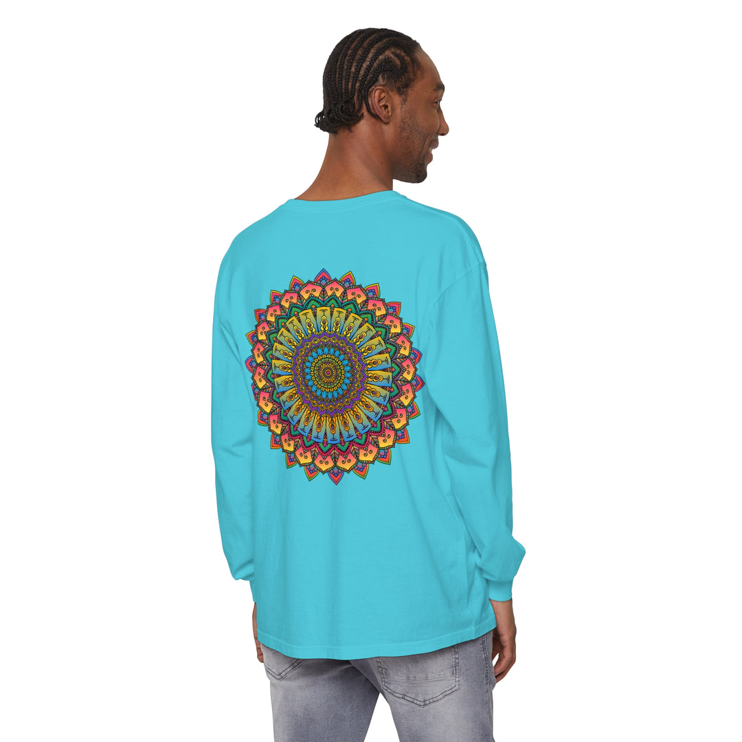 Colorful and detailed mandala design printed on a unisex long sleeve T-shirt