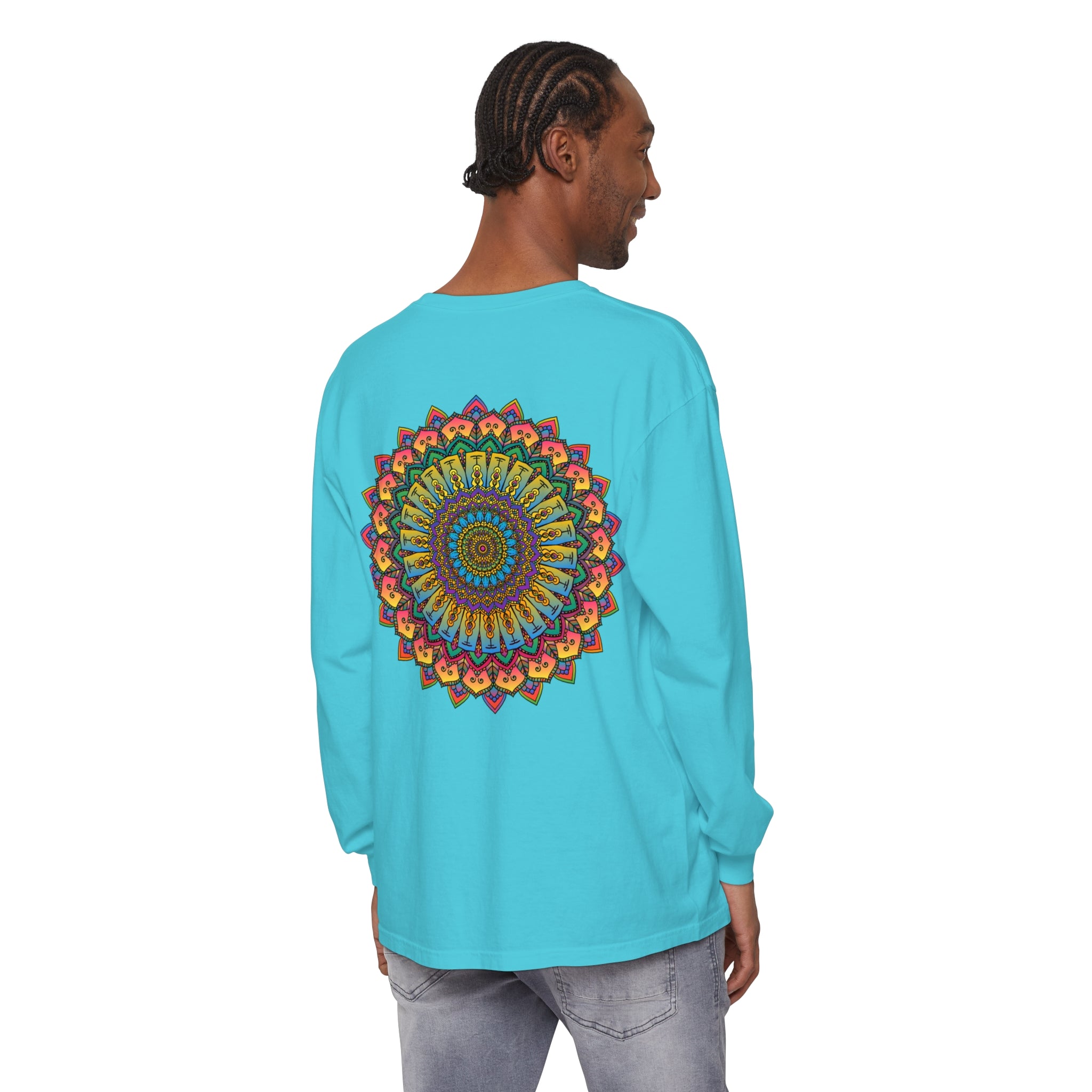 Colorful and detailed mandala design printed on a unisex long sleeve T-shirt