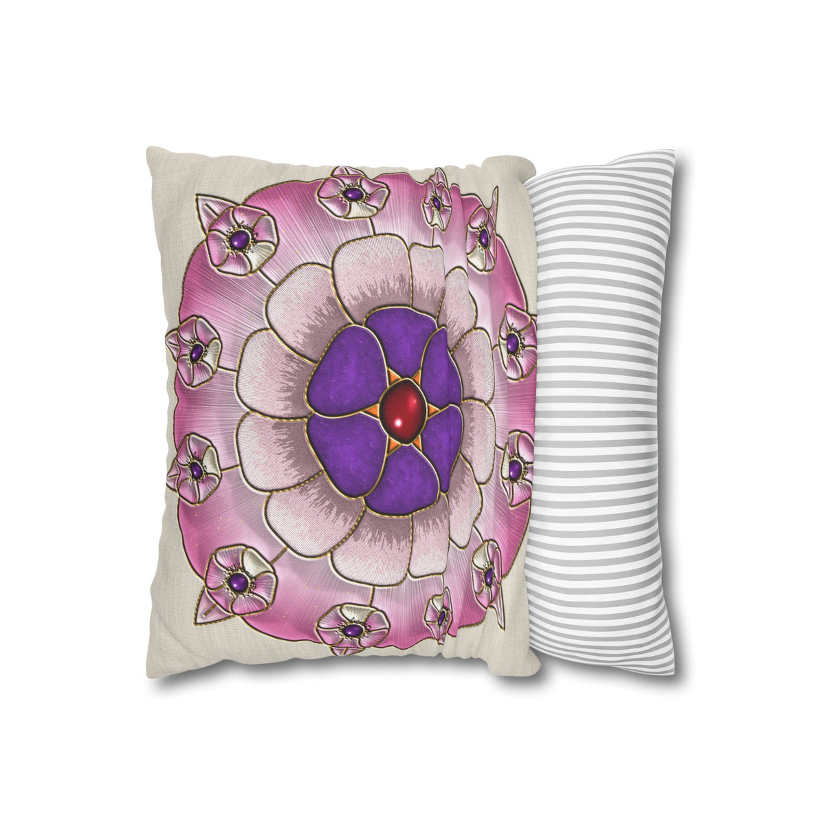 Federa quadrata con motivo a mandala floreale rosa e viola