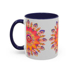 Vibrant mandala art mug with colorful intricate designs on grey background