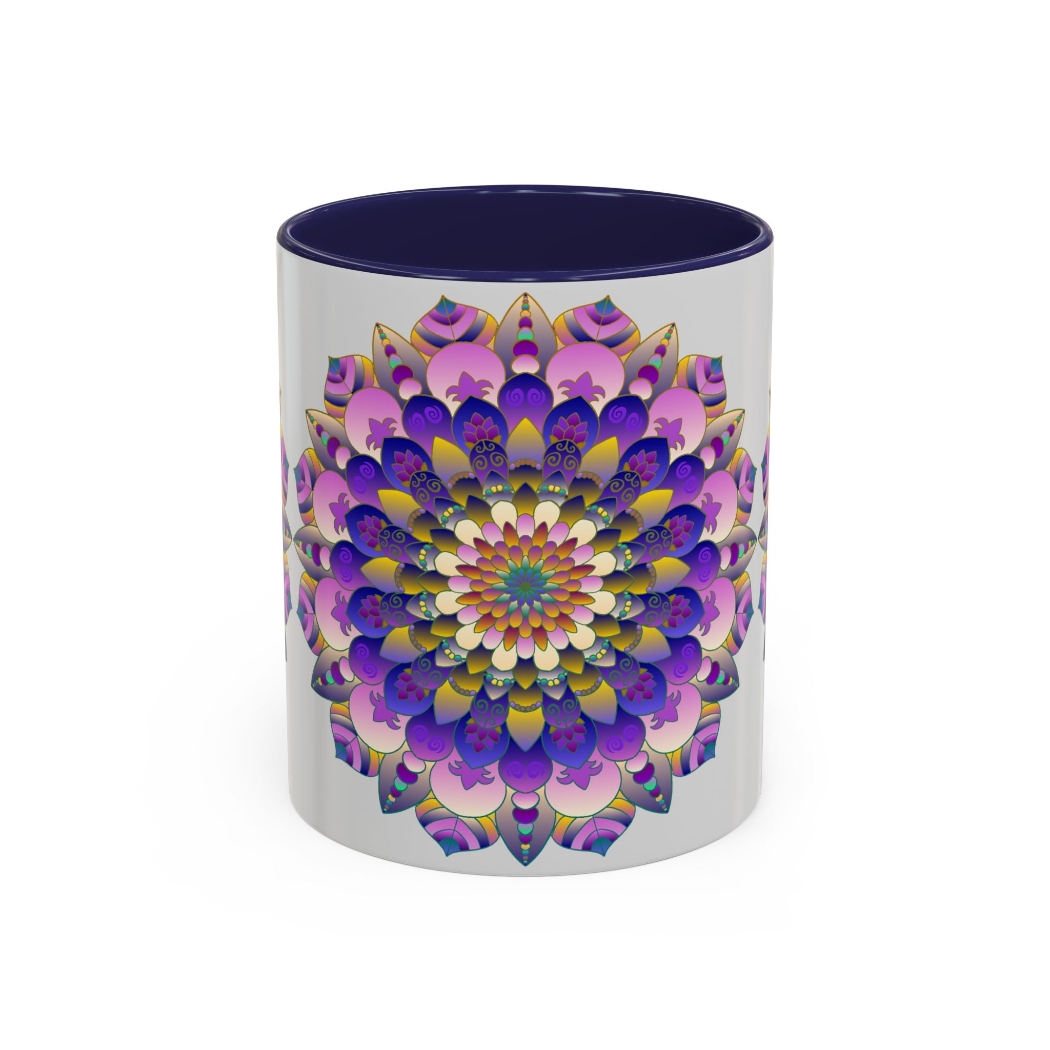 A vibrant and colorful mandala art mug featuring intricate designs on a grey background